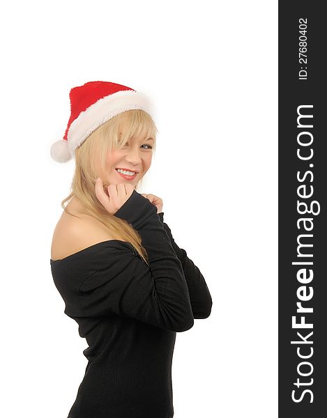 Portrait of santa woman over white background.