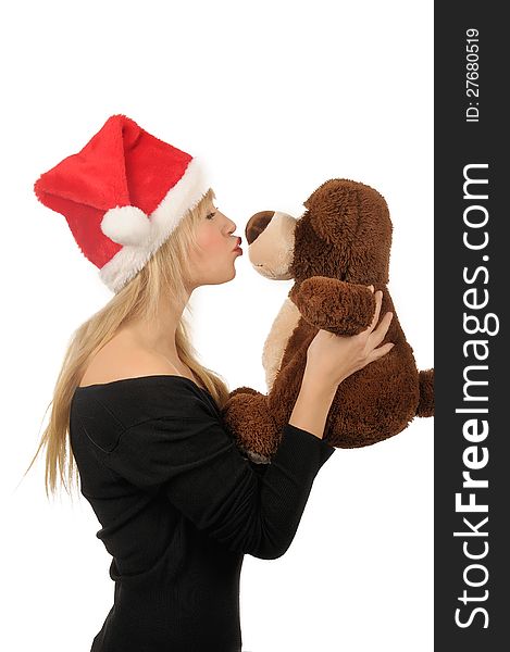 Santa Woman With Bear Isolated On White