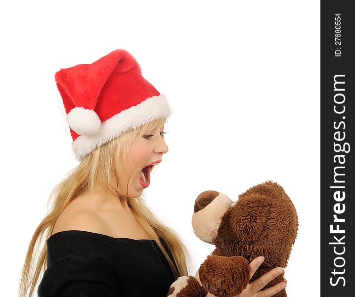 Santa woman with bear isolated on white.