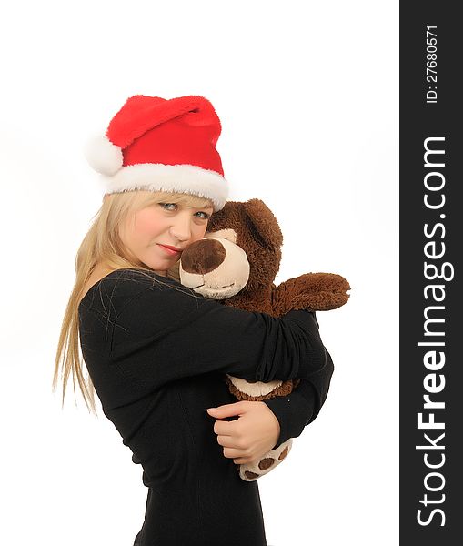 Santa woman with bear isolated on white