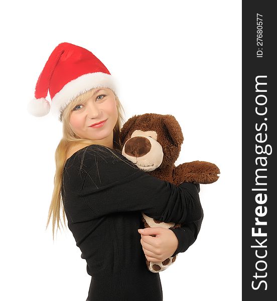 Santa woman with bear isolated on white