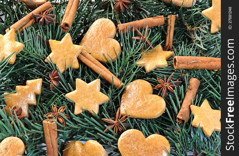 Christmas background with gingerbread and spice
