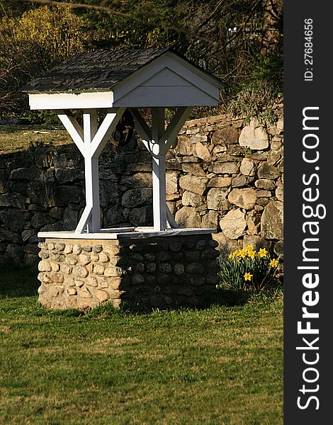 An old Fashion wishing well in springtime with daffodils