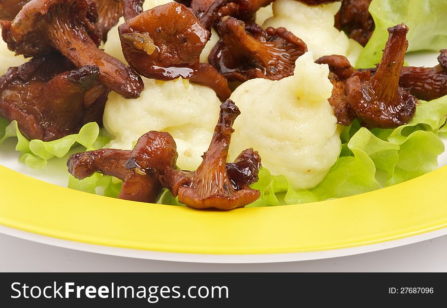 Roasted Chanterelles with Mushed Potato and Lettuce on Yellow Plate closeup
