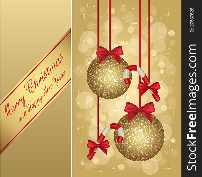 Beautiful Gold Illustration Christmas Greeting Card With Decorations. All elements are grouped and separate in layers. Beautiful Gold Illustration Christmas Greeting Card With Decorations. All elements are grouped and separate in layers.