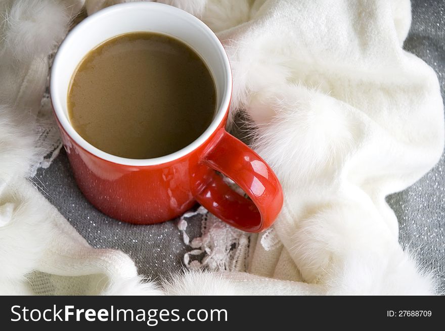 Red coffee cup on top view with scarf. Red coffee cup on top view with scarf