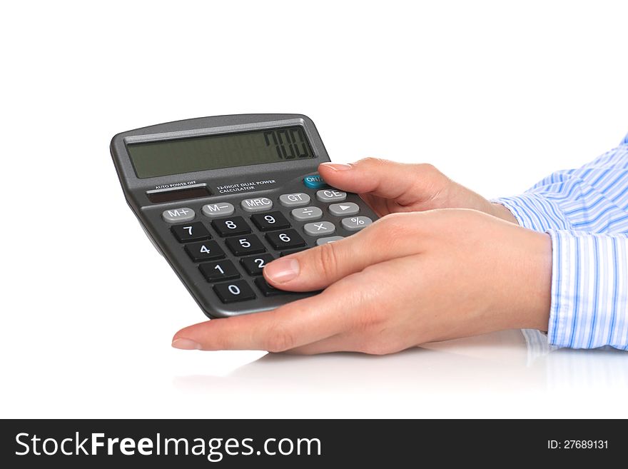 Calculator in hands isolated over white background. Calculator in hands isolated over white background.