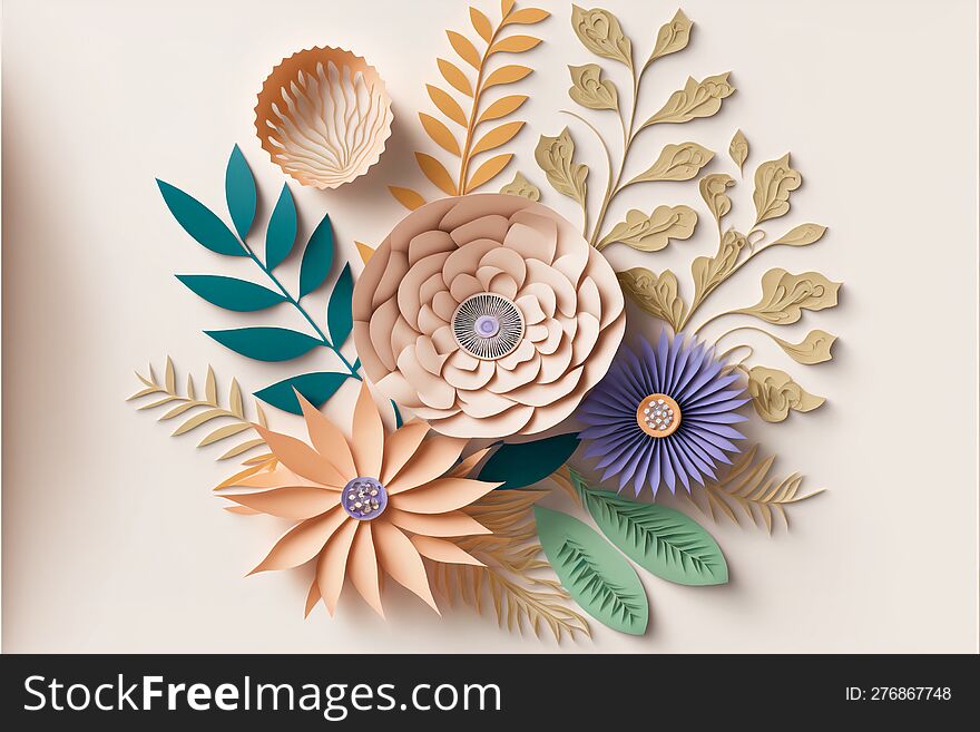 3d Floral Craft Wallpaper. Orange, Rose, Green And Yellow Flowers On A Light Background