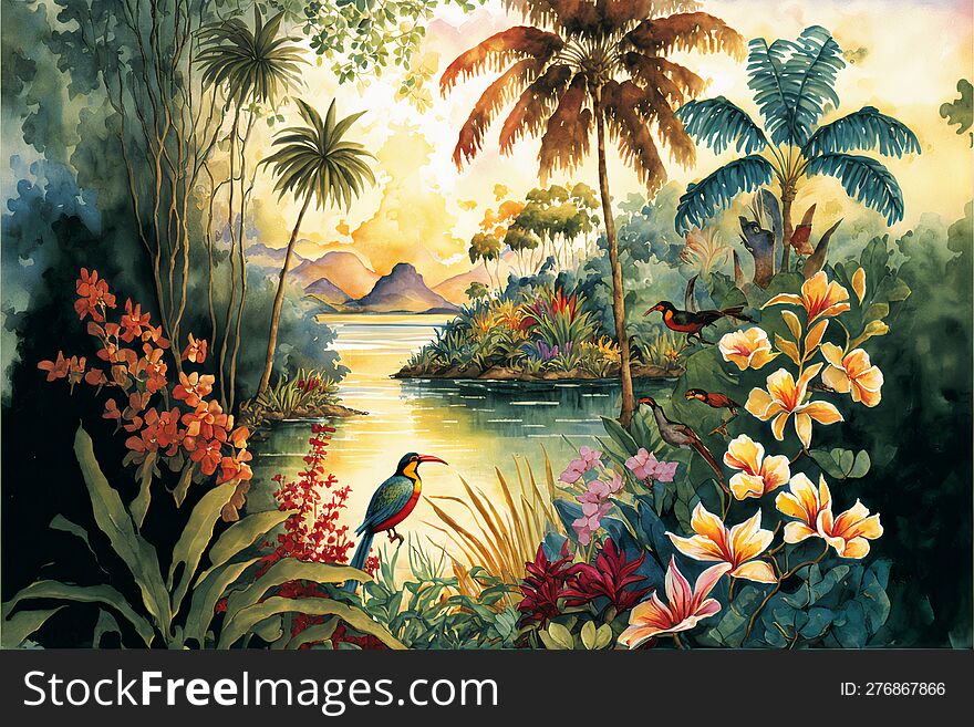 Tropical Paradise wallpaper. trees and birds with detailed watercolor paintings of a serene, tropical Hawaiian landscape