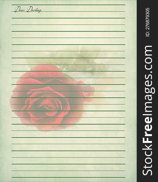 Vintage romantic writing paper for letters. Background old paper with green lines and red rose and inscription Dear Darling.