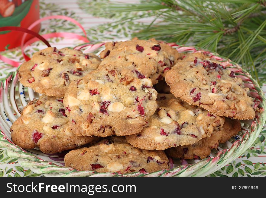 Plate of Christmas cranberry and nut cookies. Plate of Christmas cranberry and nut cookies