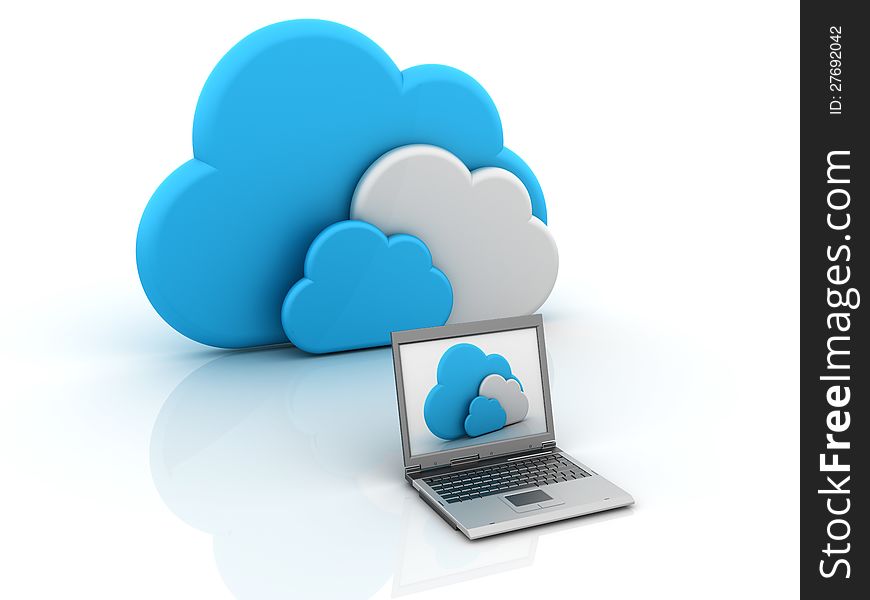 Three dimensional illustration of clouds and Laptop. Three dimensional illustration of clouds and Laptop