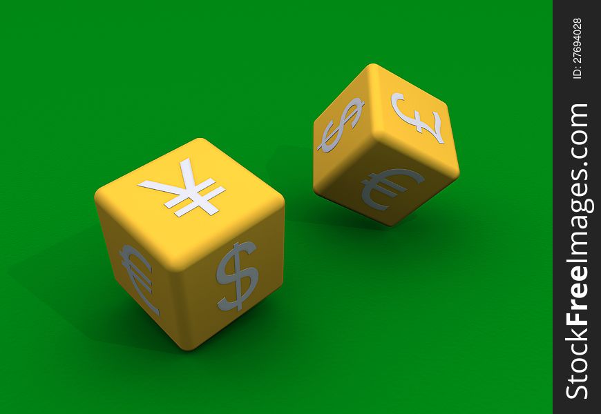 Dice With Currency Symbols At Their Sides