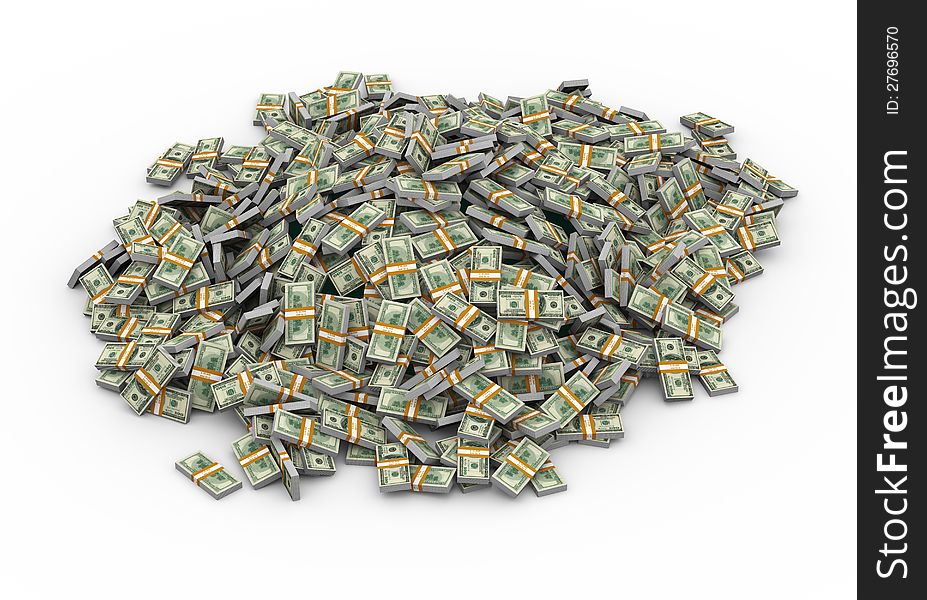 3d illustration of heap of dollar packs money. 3d illustration of heap of dollar packs money