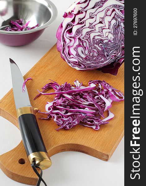 Red cabbage on the wood board