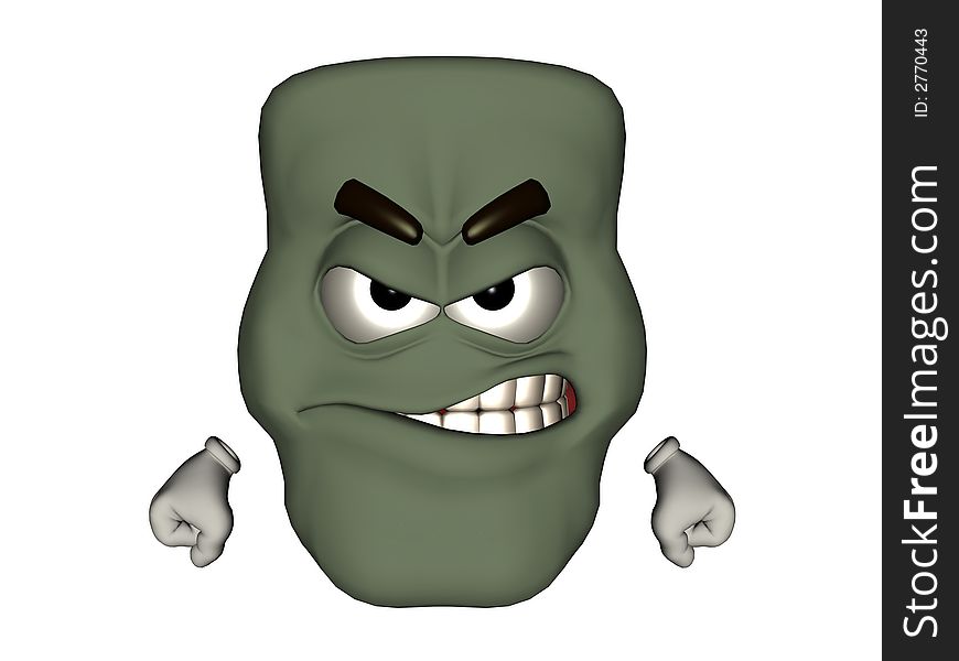 Green, angry monster emoticon, baring his teeth. Computer Generated Image, 3D models.