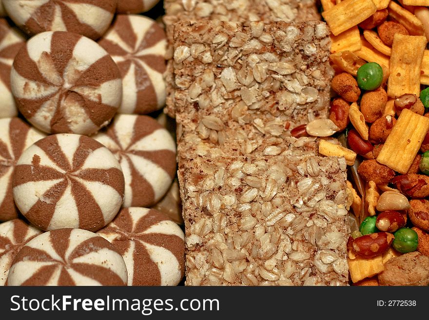 A close up shot of cereals and candies