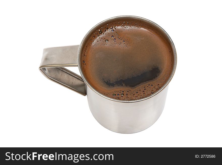 Fresh black coffee in a metal cup