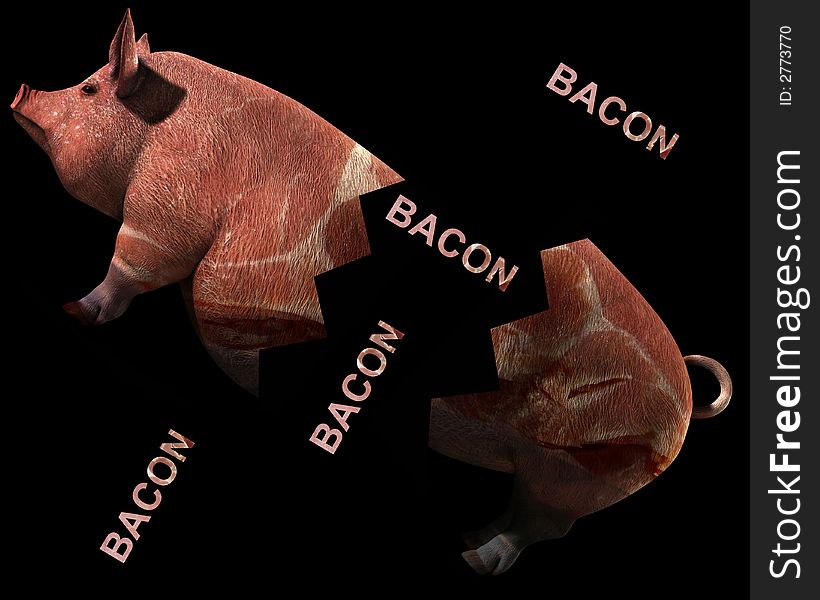 An image of a pig with a sliced bacon overlay texture on the pig. Which is in bits to represent slaughter. An image of a pig with a sliced bacon overlay texture on the pig. Which is in bits to represent slaughter.