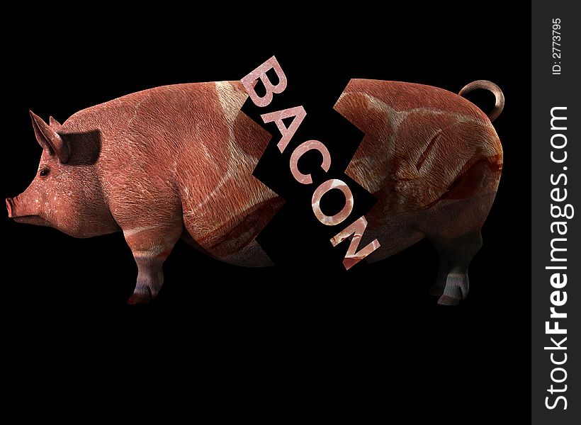 An image of a pig with a sliced bacon overlay texture on the pig. Which is in bits to represent slaughter. An image of a pig with a sliced bacon overlay texture on the pig. Which is in bits to represent slaughter.