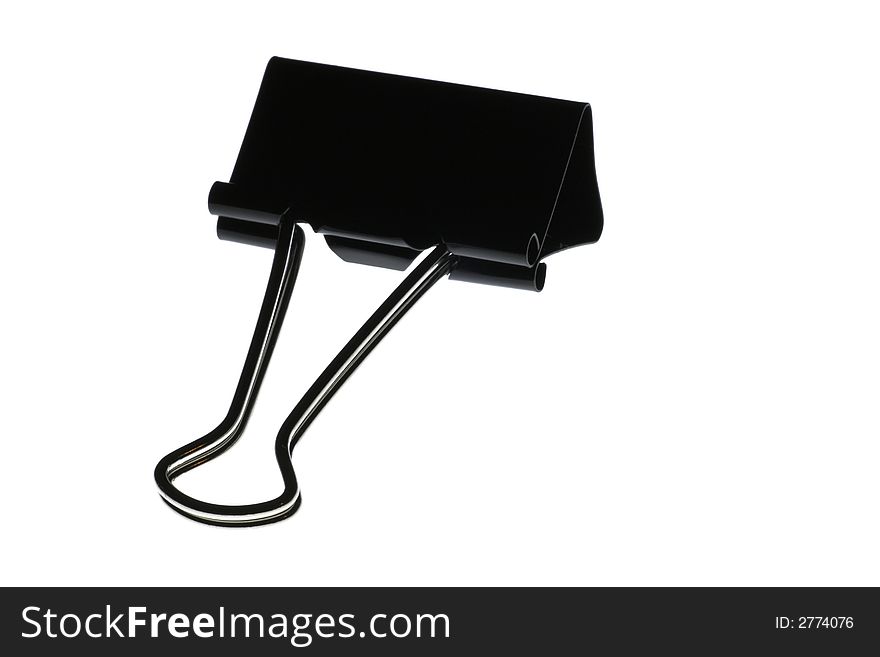 Black Metal Paper Clip On A White Background, Office Object, Stationery