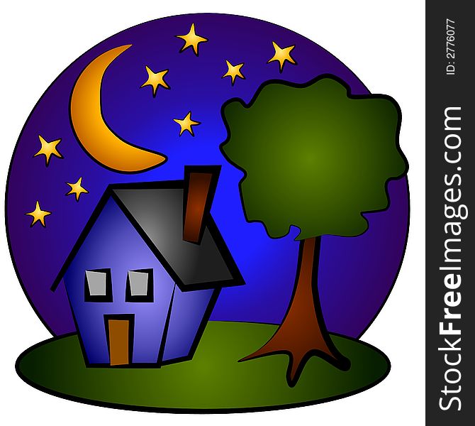 Nighttime Blue House Clip Art