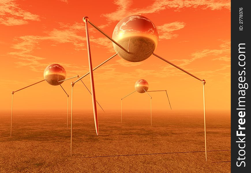 An image of a set of technological alien tripod transportation invasion vehicle's against a sky background. An image of a set of technological alien tripod transportation invasion vehicle's against a sky background.