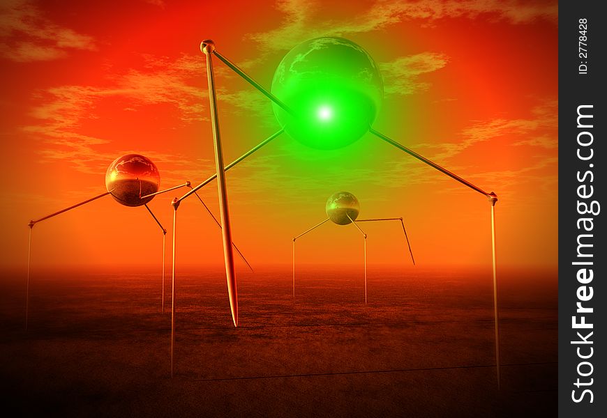 An image of a set of technological alien tripod transportation invasion vehicle's against a sky background. An image of a set of technological alien tripod transportation invasion vehicle's against a sky background.