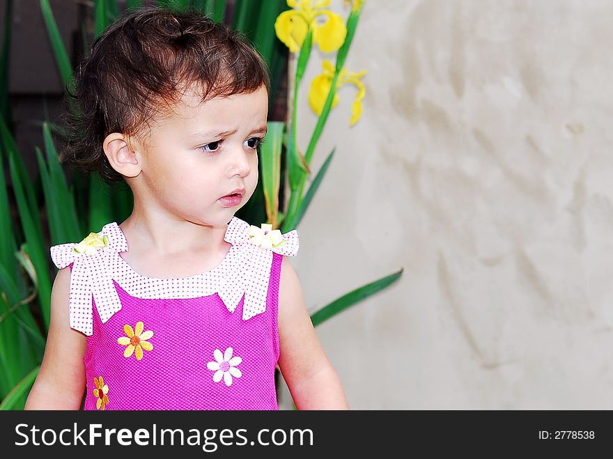 Cute child looking at something of interest.  She's outdoors dressed in a hot pink dress with greenery and yellow iris in the background. Cute child looking at something of interest.  She's outdoors dressed in a hot pink dress with greenery and yellow iris in the background.