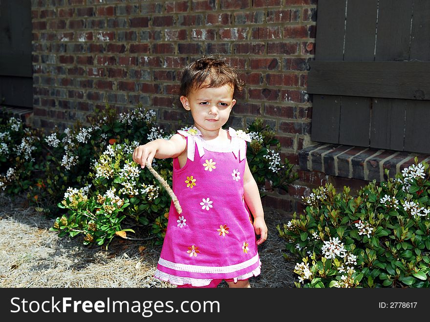 Cute little girl dressed in a pink dress holding a stick she picked up from the yard. Cute little girl dressed in a pink dress holding a stick she picked up from the yard.