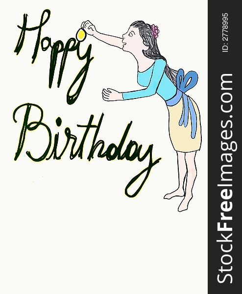 Illustration with girl writing Happy Birthday.