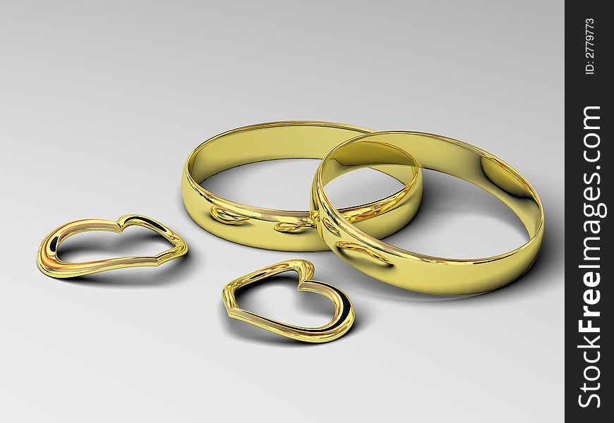 Wedding rings and gold hearts sign on love fidelity