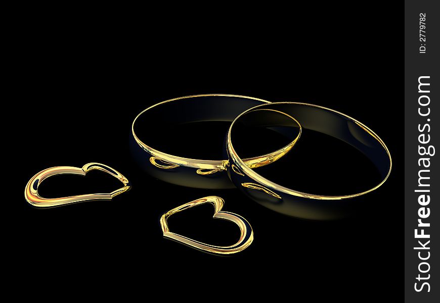 Wedding rings and gold hearts sign on love fidelity