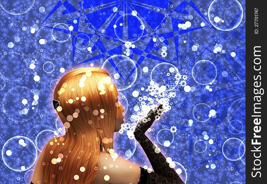 Illustration of beautiful 3d girl blows snowflakes on christmas background. Illustration of beautiful 3d girl blows snowflakes on christmas background.