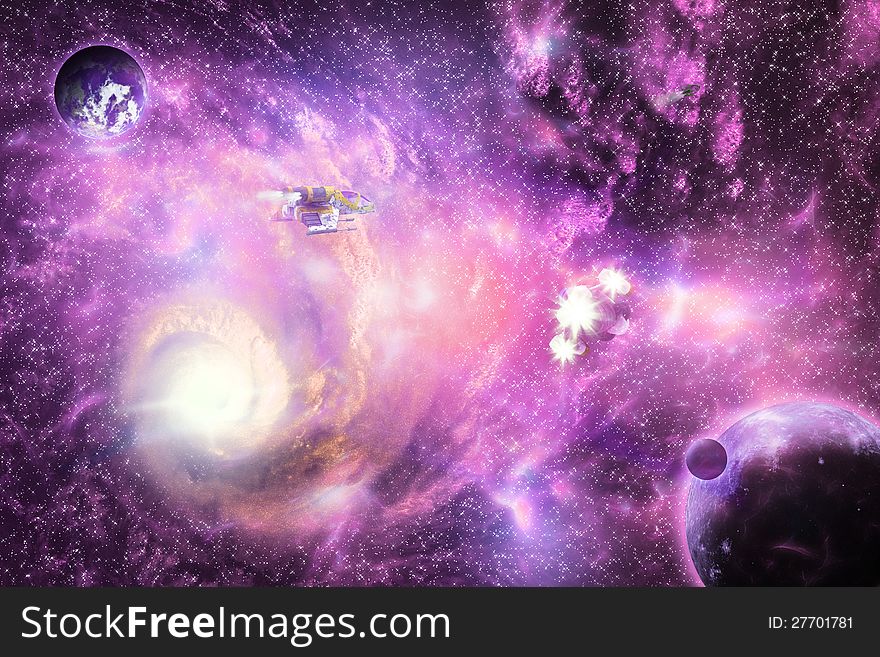 Illustration of deep space bright colorful galaxy with planets and space ships. Illustration of deep space bright colorful galaxy with planets and space ships.