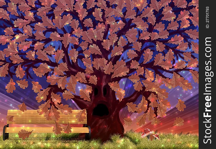 Illustration of a big autumn oak fantasy tree background. Illustration of a big autumn oak fantasy tree background.