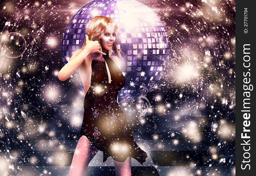 Illustration of 3d girl in red dress on disco party background.