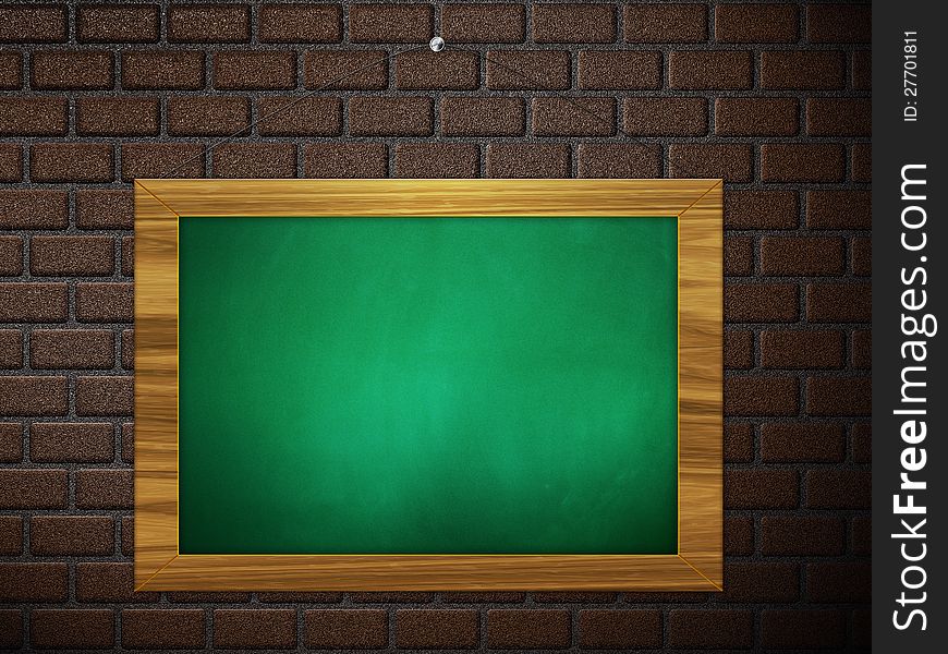 Illustration of blank green chalkboard hanging on brick wall. Illustration of blank green chalkboard hanging on brick wall.