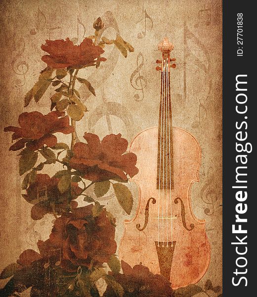 Illustration of grunge background with roses and violin.