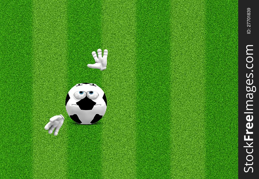 Illustration of 3d soccer ball smile on green grass.