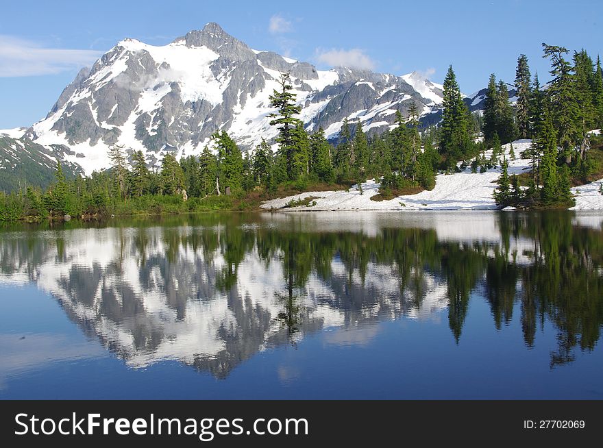 Mount Shuksan with a reflection in a picture lake in Washington State USA