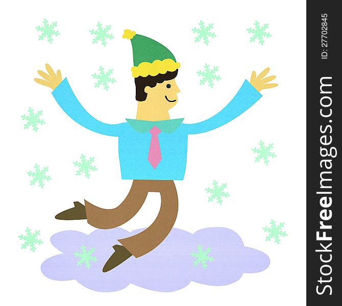 A business man wearing a Santa Claus hat hops happily in the snow. A business man wearing a Santa Claus hat hops happily in the snow