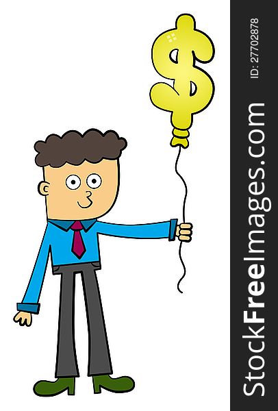 A cartoon business man holding a balloon with a shape of a dollar sign. A cartoon business man holding a balloon with a shape of a dollar sign
