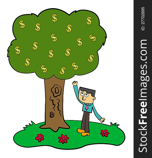 A man in business attire tries to reach a dollar sign from a tree. A man in business attire tries to reach a dollar sign from a tree