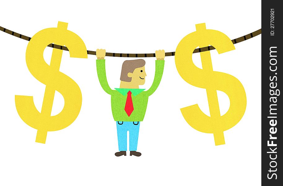 A man hanging on a rope together with two dollar signs. A man hanging on a rope together with two dollar signs