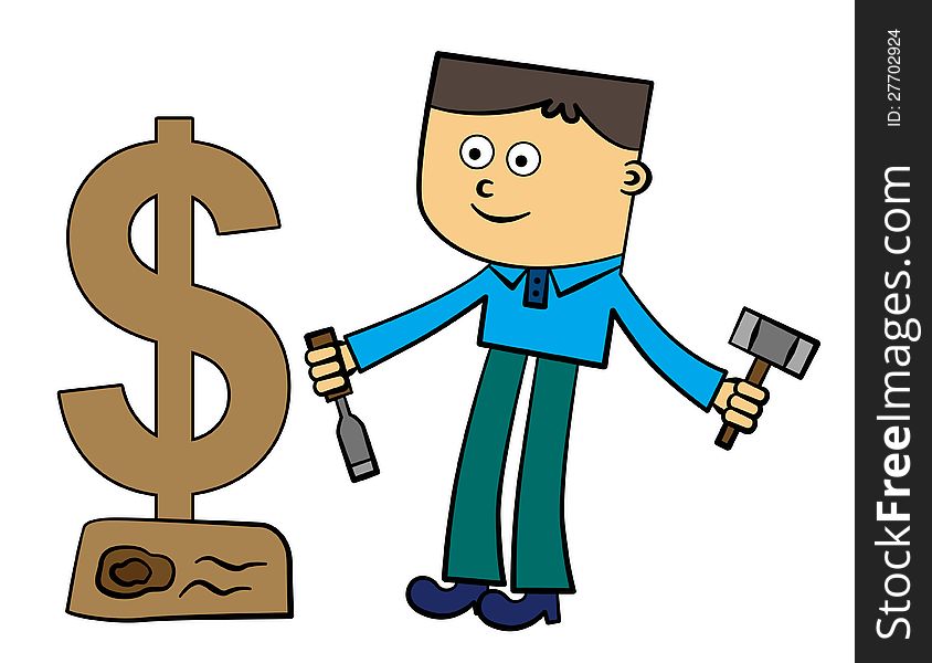 A man with a chisel and mallet carving a dollar sign from wood. A man with a chisel and mallet carving a dollar sign from wood