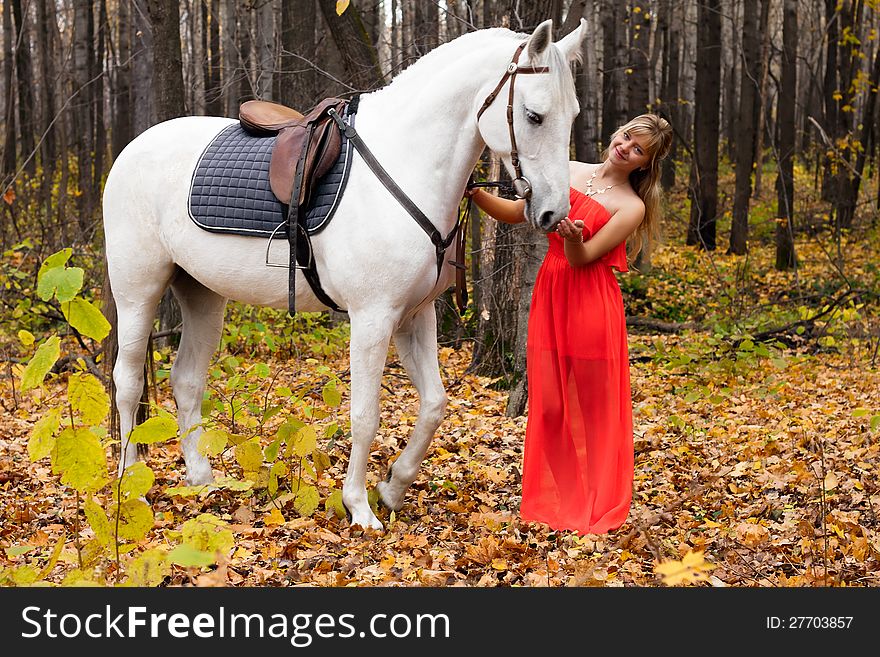 Young woman taking care of her white horse