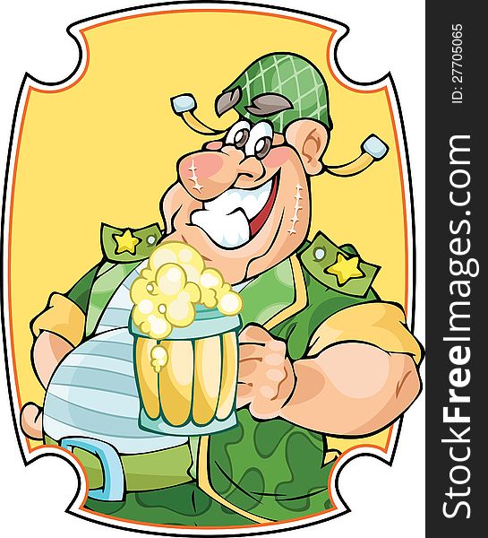 In the illustration fat man in a military form and . In one hand he holds a mug of beer. Background is on a separate layer. In the illustration fat man in a military form and . In one hand he holds a mug of beer. Background is on a separate layer.