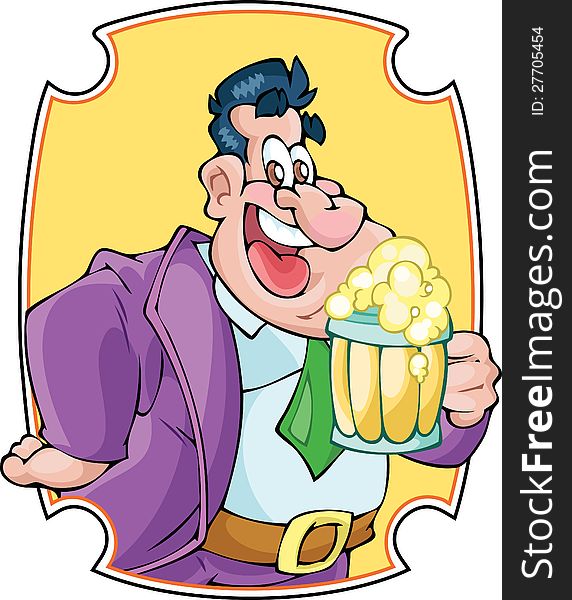 The illustration shows a funny man in suit and tie. In one hand he holds a mug of beer. Background is on a separate layer. The illustration shows a funny man in suit and tie. In one hand he holds a mug of beer. Background is on a separate layer.