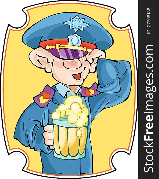 The illustration shows a funny man in the police uniforms. In one hand he holds a mug of beer, a second hand salutes. The illustration shows a funny man in the police uniforms. In one hand he holds a mug of beer, a second hand salutes.